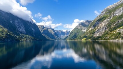 Stunning fjord landscape showcasing calm waters and towering mountains under a bright blue sky : Generative AI