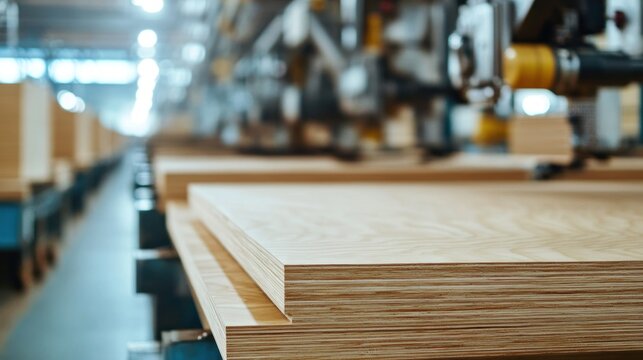 Stacked sheets of plywood rest in a manufacturing facility