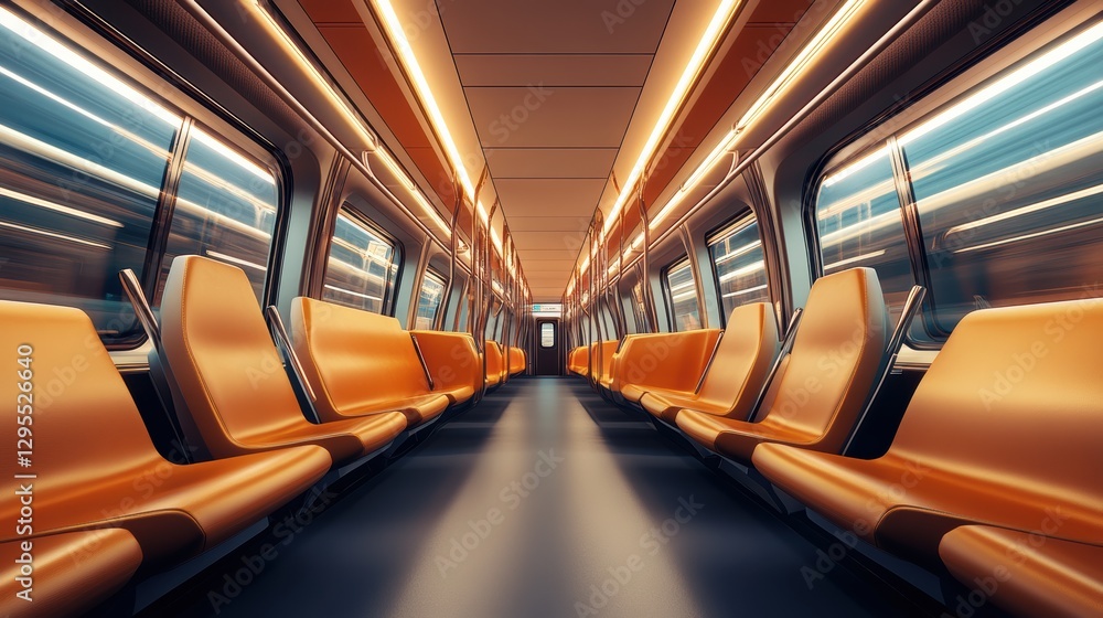 Poster interior view of a modern subway train showcasing empty seats and illuminated ceiling with motion bl