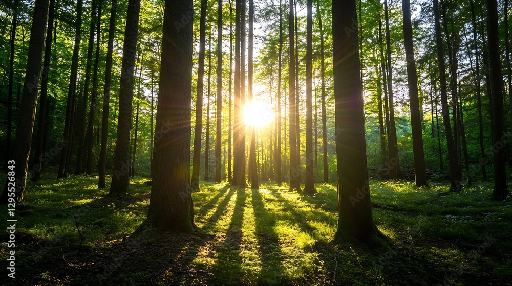Poster Dappled sunlight streaming through lush green trees in a tranquil forest setting : Generative AI