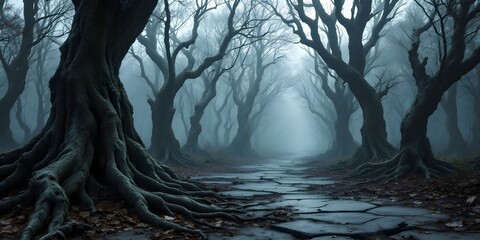 Naklejka premium Eerie Foggy Forest Path with Ancient Trees