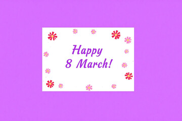 happy 8th march greeting card with pink and purple flowers