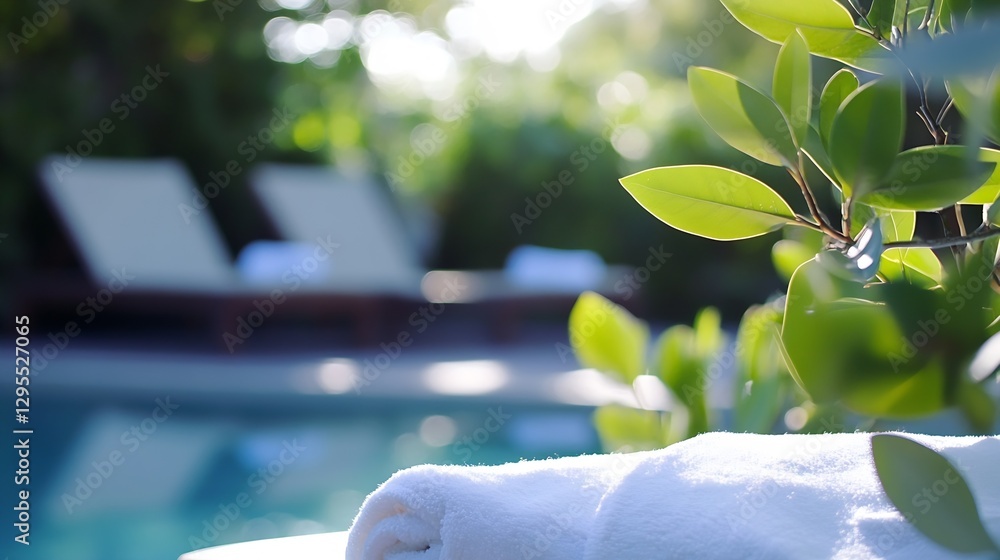 Poster luxury spa experience featuring soft white towels beside a tranquil swimming pool surrounded by gree