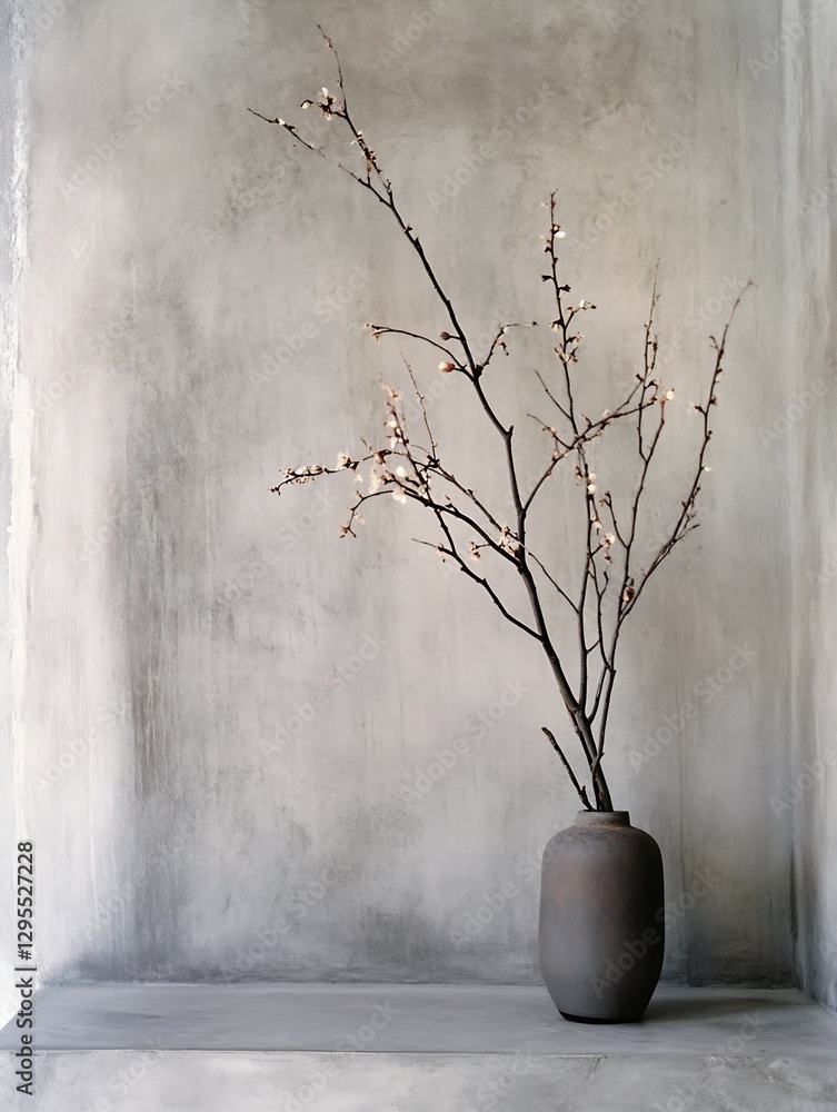 Poster elegant minimalist arrangement with branches in a ceramic vase against a textured wall : generative 