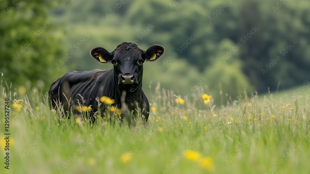 Poster curious black calf grazing in a field of wildflowers set against a lush green background : generativ