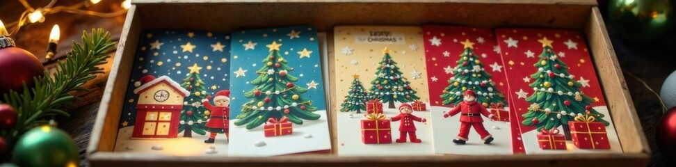Set of Christmas greeting cards and festive Xmas decorations in a storage box , greetingcards, festive, winter