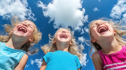 Fototapeta premium Three laughing girls outdoors under a cloudy sky; joyful children; possible use for a stock photo