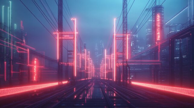 Futuristic electric power grid with glowing lines and towers