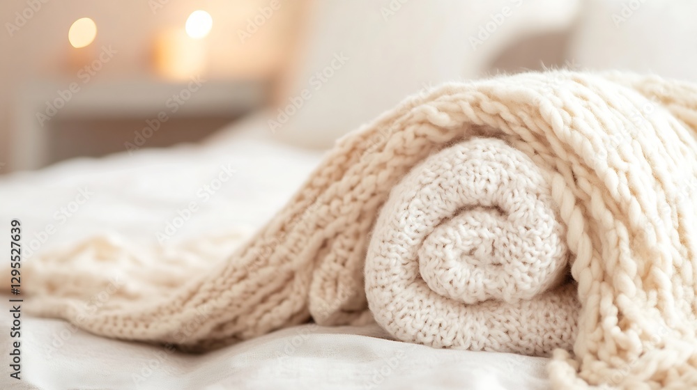 Poster Cozy Rolled Knitted Wool Blanket Perfect for a Relaxing Afternoon in a Calm Setting : Generative AI