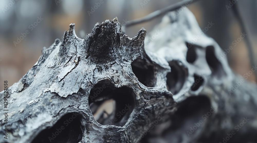 Poster Intricate details of a weathered log showcasing natural holes and a textured surface in a forest setting : Generative AI