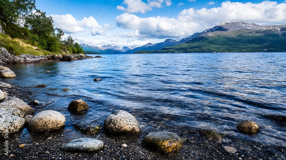 Poster beautiful scenic view of a tranquil lake surrounded by mountains and lush greenery under a cloudy sk
