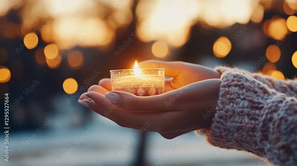 Poster person holding lit candle in hands surrounded by soft bokeh lights creating a warm and serene atmosp