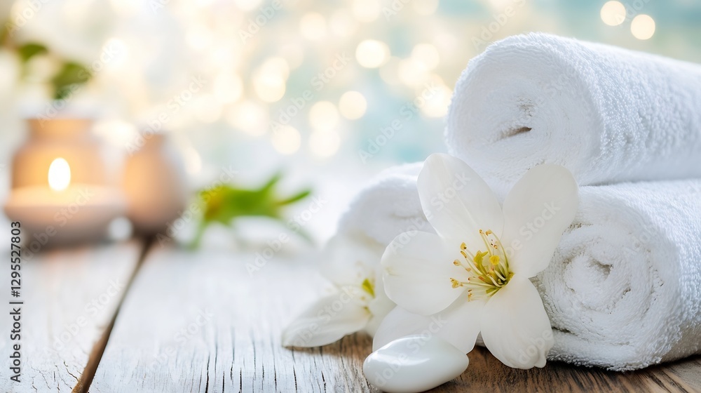 Aufkleber fresh towels and white flower in a cozy spa environment with soft background lights : generative ai