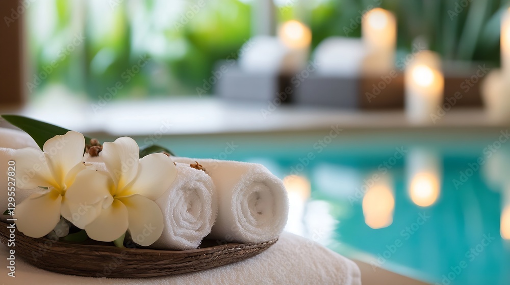 Poster serene spa environment with towels and flowers by the pool : generative ai