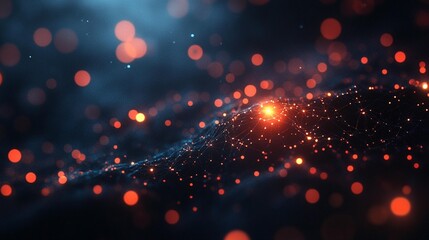 Abstract dark background with glowing particles forming a wave-like structure.