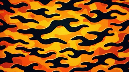 A vibrant tiger camo pattern featuring black, orange, and yellow abstract shapes.
