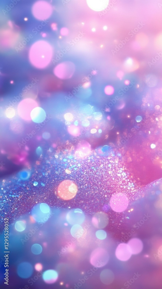 Poster ethereal glittery dreamscape with soft bokeh lights in pastel pink and blue hues creating a magical 