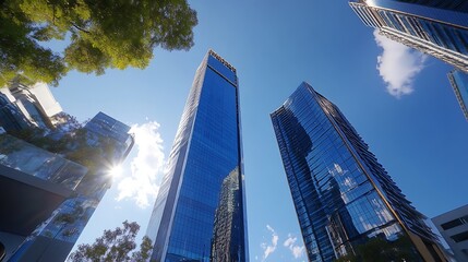 Stunning view of skyscrapers reaching towards a bright blue sky with fluffy clouds : Generative AI