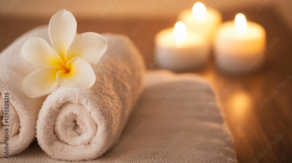 Poster Relaxing Spa Setting with Soft Towels and Fragrant Flower Surrounded by Candles : Generative AI