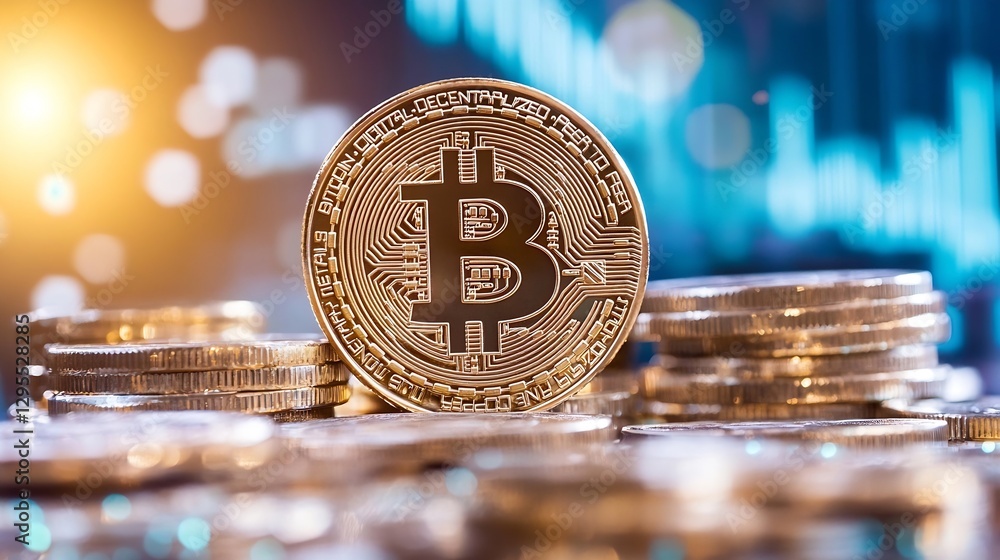 Poster close up of a shiny bitcoin coin on a background of digital financial data and bar graphs : generati