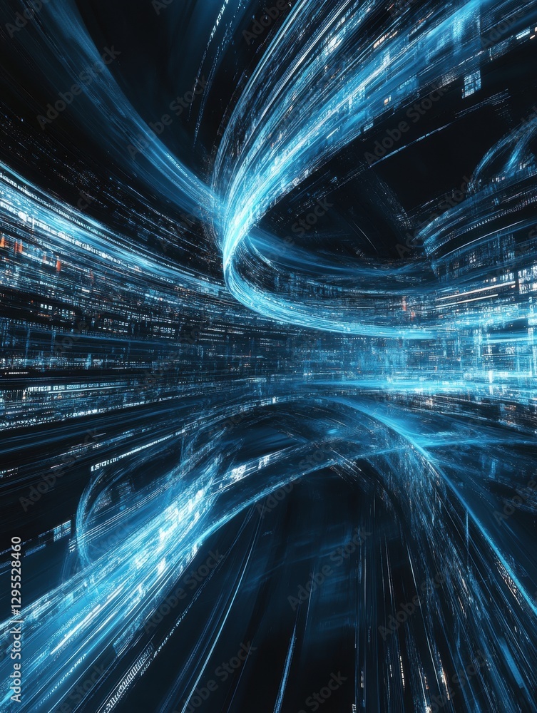 Poster abstract digital network background with glowing blue light streaks creating a futuristic tunnel eff