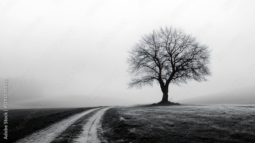 Aufkleber Solitary tree standing tall in a misty landscape creating a serene and moody atmosphere : Generative AI