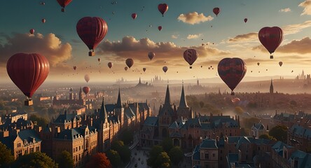 Obraz premium A surreal scene of heart-shaped hot air balloons soaring over a whimsical fantasy cityscape. 