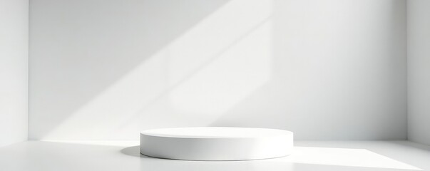 Simple white wood pedestal with empty white space around and soft sunlight, wood, white