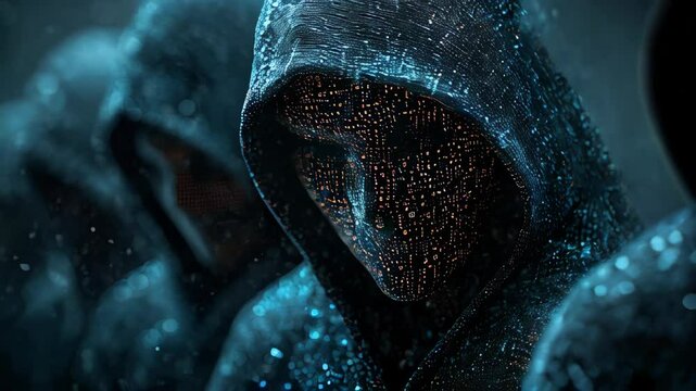  A sinister hooded group of hackers involved in cybercrime, cyberattacks, and system breaches, with malware in mind. Their faces are hidden, anonymous, set against a backdrop of digital binary code