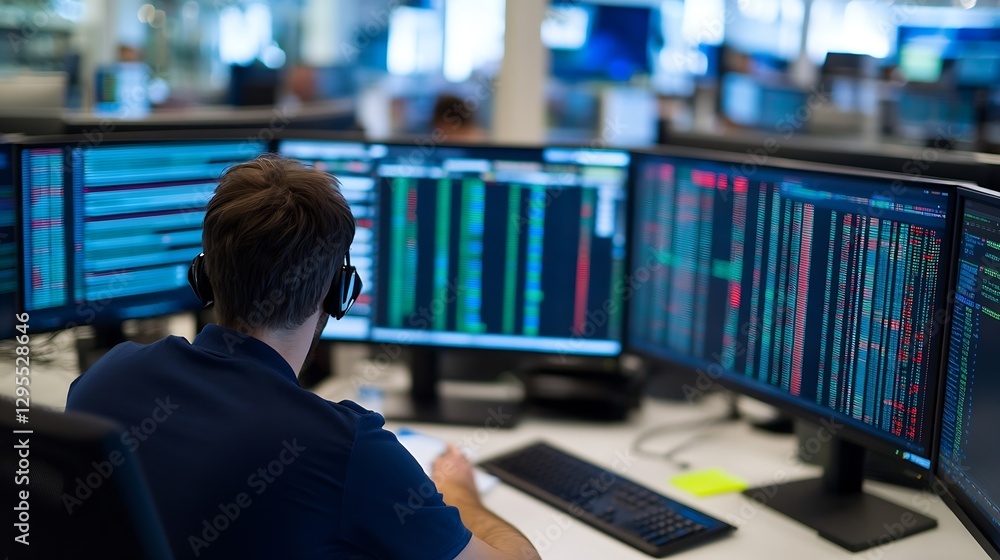 Fototapete Focused individual working at multiple computer screens displaying complex data and statistics in a modern office setting : Generative AI