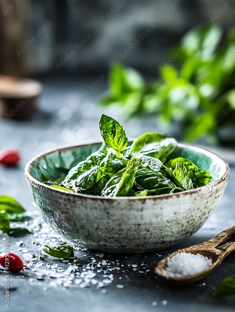 Poster fresh green basil leaves arranged in a bowl with salt and natural elements for a culinary delight : 