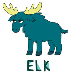 big thoughtful elk with antlers with colorful text below hand written