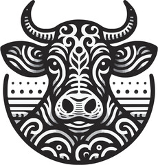 Ornate black and white illustration of a cow's head with intricate patterns and designs