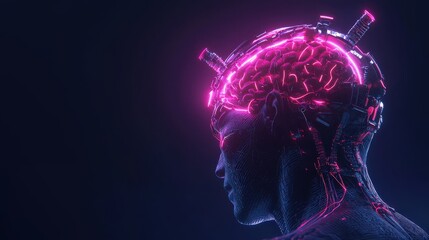 A glowing artificial brain with futuristic technology surrounding the head