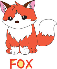 sitting little red fox with a fluffy tail with colorful text below hand written