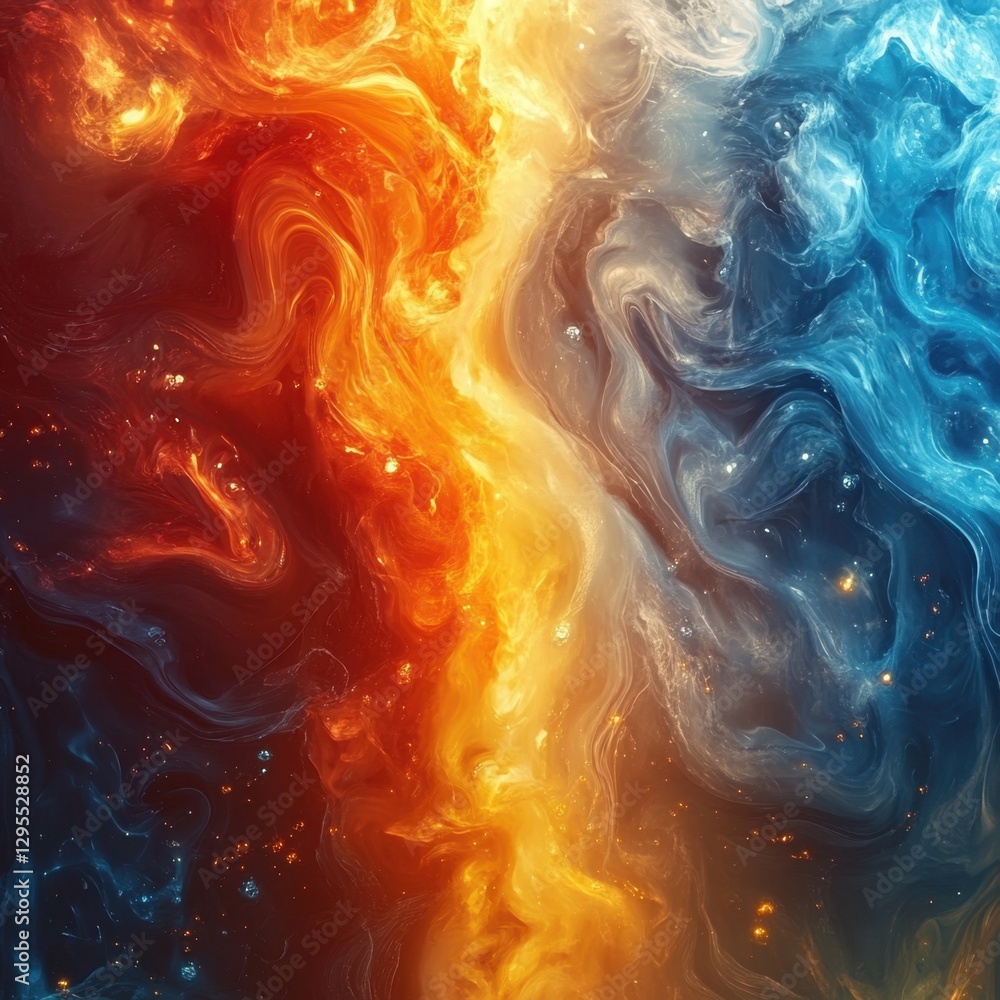Poster dynamic abstract art featuring a mesmerizing blend of fiery orange and cool blue hues creating a cap