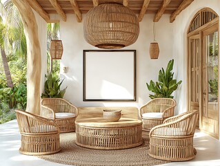 Tropical patio rattan furniture mockup