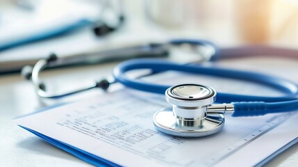 Close up of a modern stethoscope resting on medical documents highlighting healthcare and professionalism : Generative AI