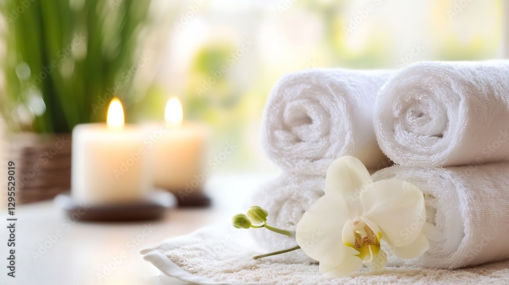 Aufkleber relaxing and tranquil spa setting with white towels and orchid decor : generative ai