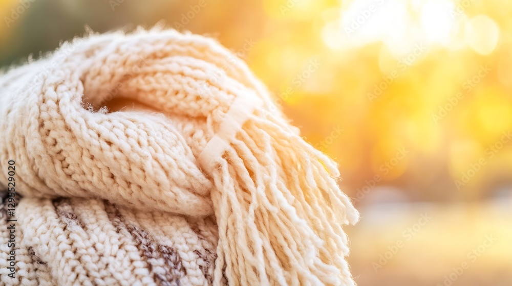Aufkleber cozy knitted scarf draped on a surface with warm sunlight background enhancing its texture and style