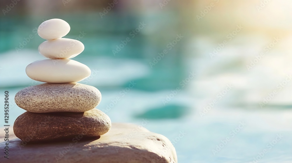 Aufkleber tranquil arrangement of smooth stones balanced above a serene calm water surface : generative ai