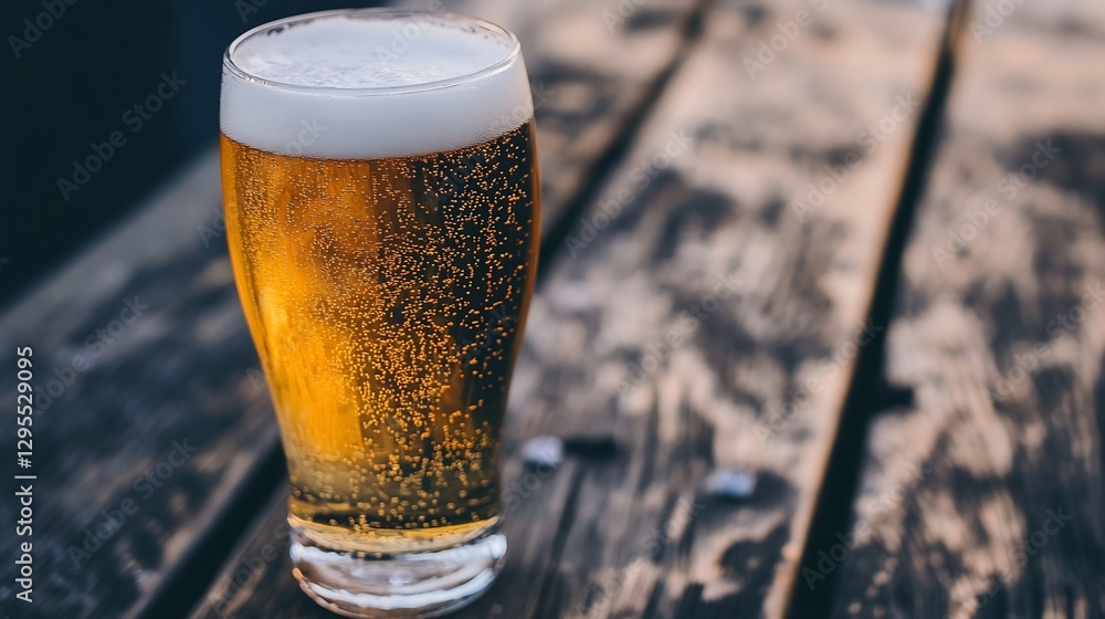 Aufkleber chilled glass of golden beer with frothy head on rustic wooden table in natural light setting : gene