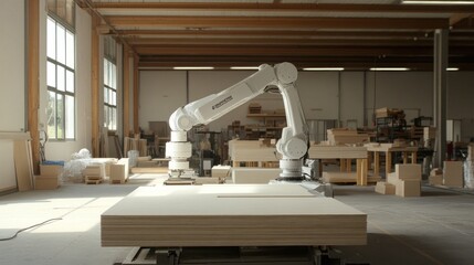 Robotic arm working in a woodworking factory with light shining through