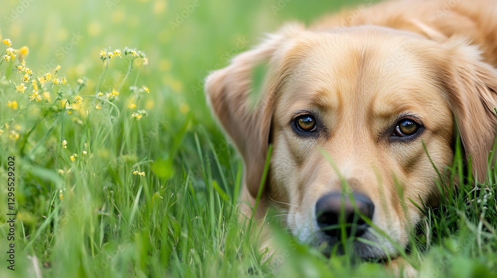 Poster beautiful golden retriever resting on green grass surrounded by wildflowers in a serene natural sett