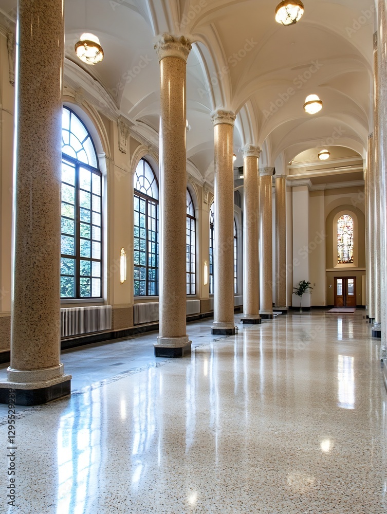 Poster Elegant interior of a historic building showcasing tall columns and large windows with soft light : Generative AI