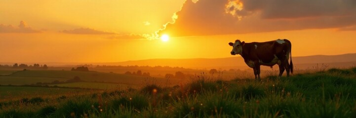 Silhouette of a cow in a green field at sunset, cattle, farm, cows