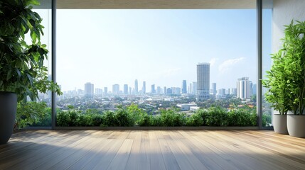 beautiful scene of home balcony view with luxury wooden floor on modern city background.