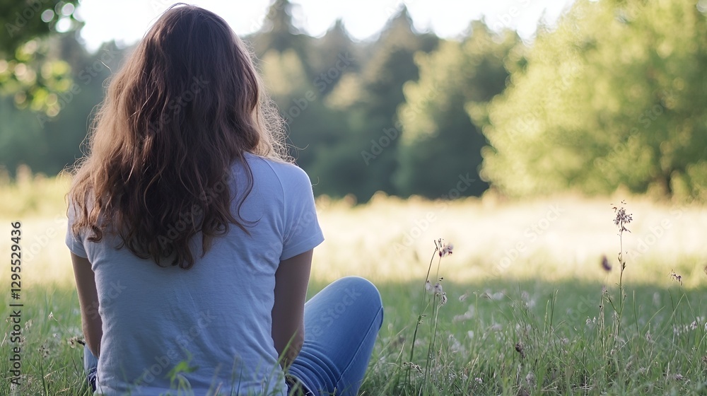 Aufkleber woman sitting in serenity and nature surrounded by green trees and fields : generative ai