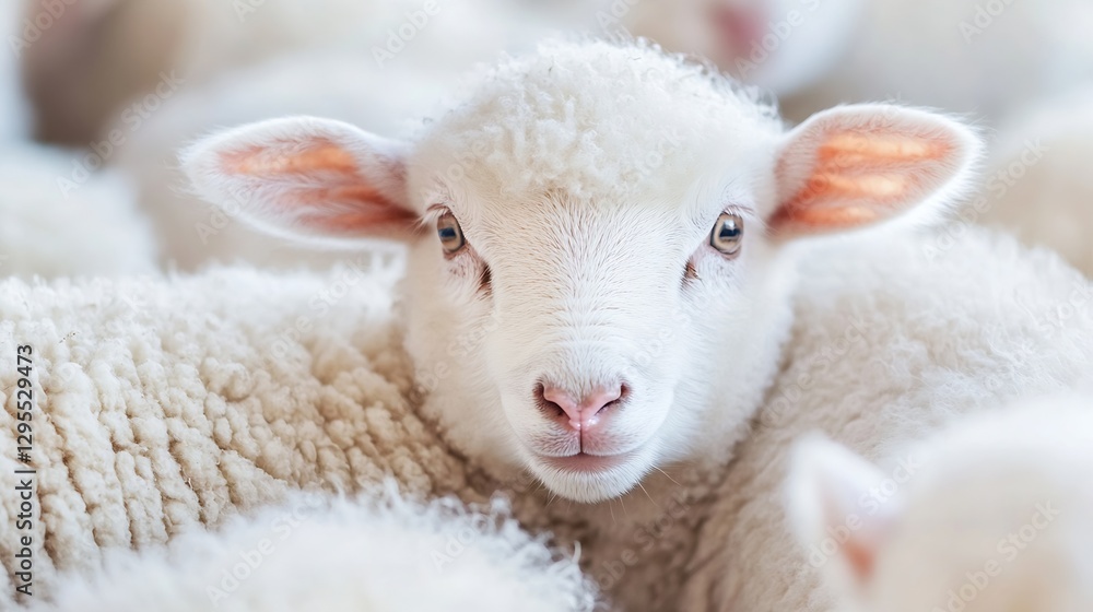 Aufkleber adorable close up of a curious lamb surrounded by fuzzy sheep : generative ai