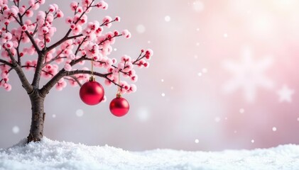 Snowy pink tree with ornaments against a soft white background, pastel colors, red berries